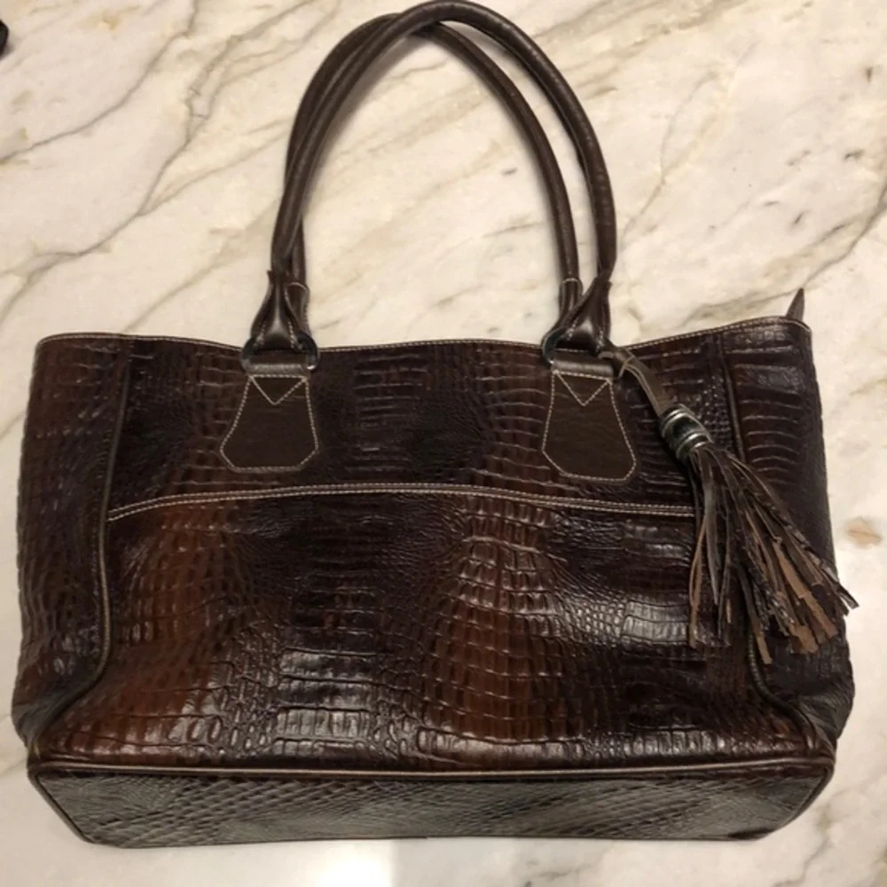 Arpiel genuine leather tote bag, croc texture brown